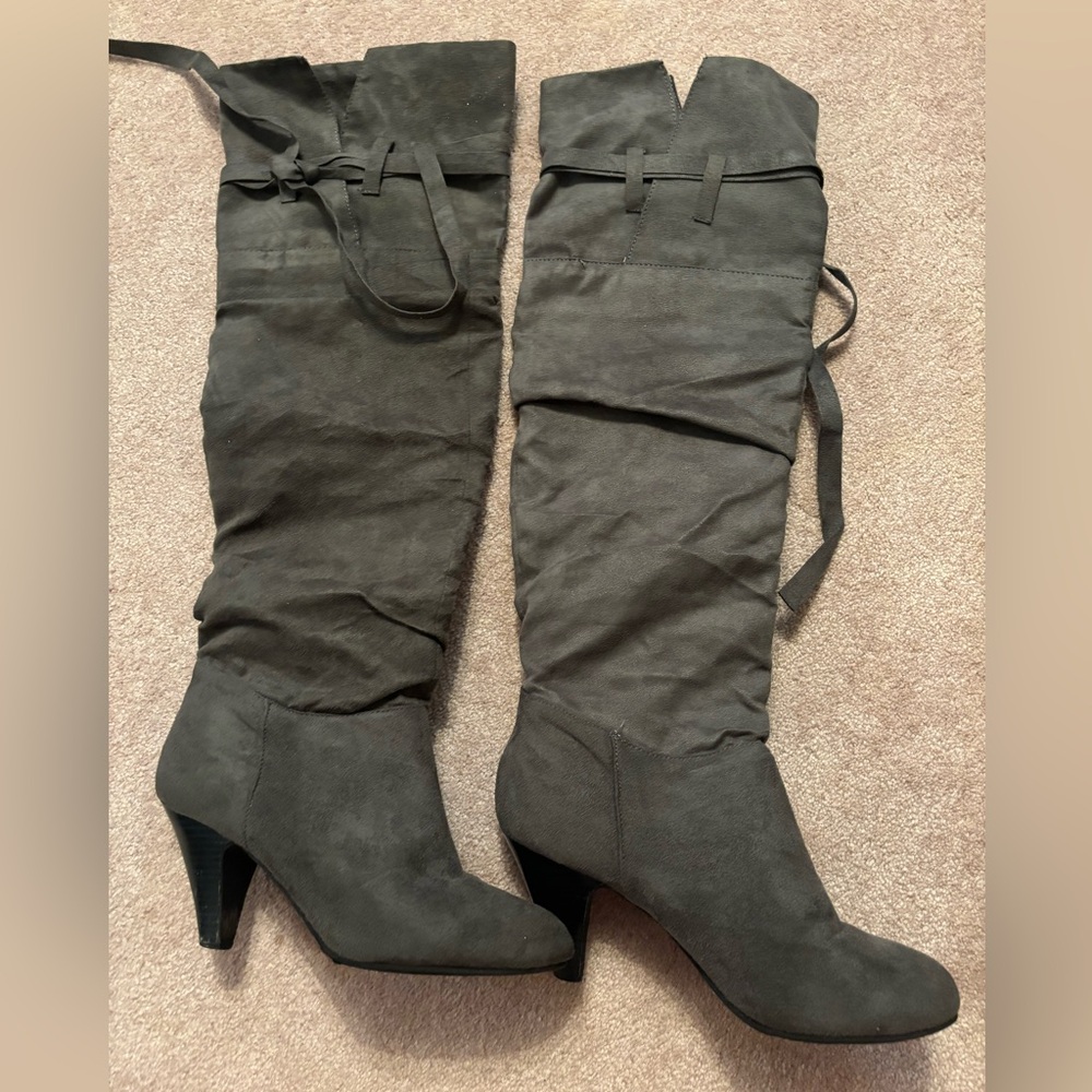 Gray knee high boots